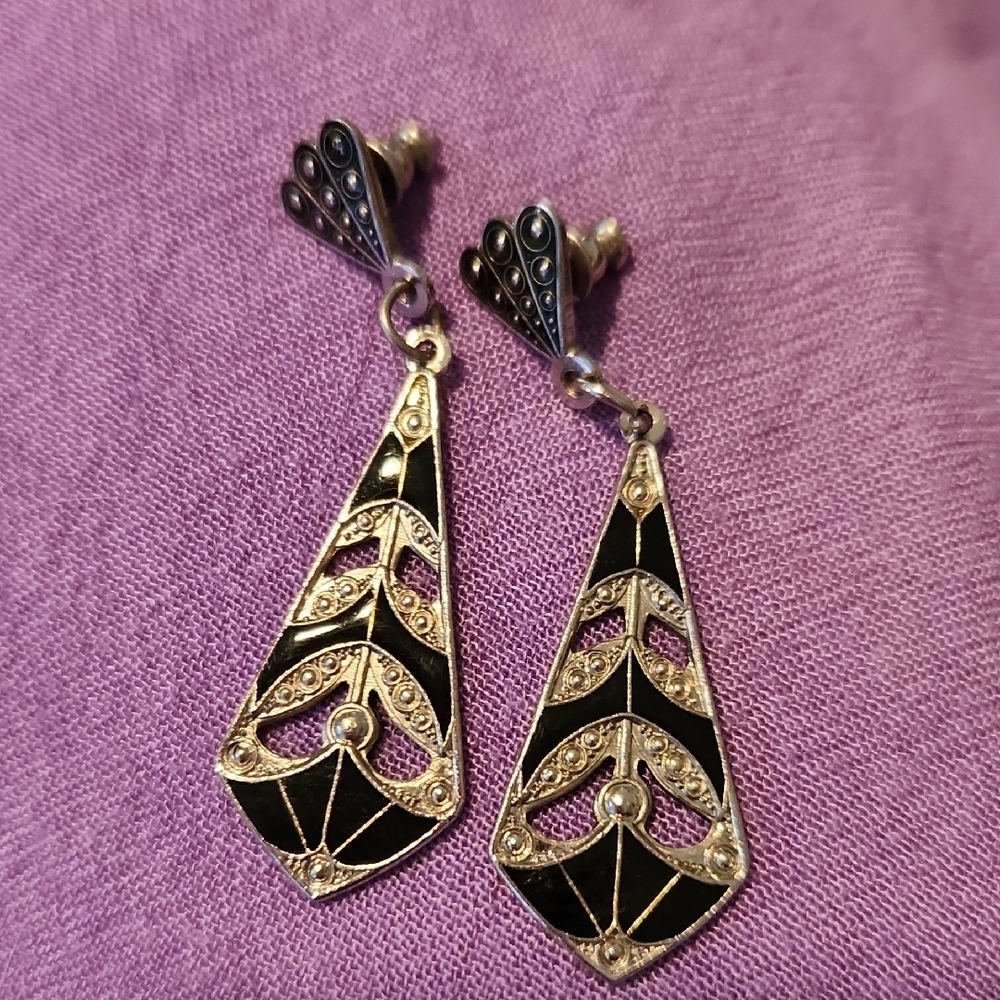 Black and Gold Geometric Dangle Earrings - Picture 1 of 4